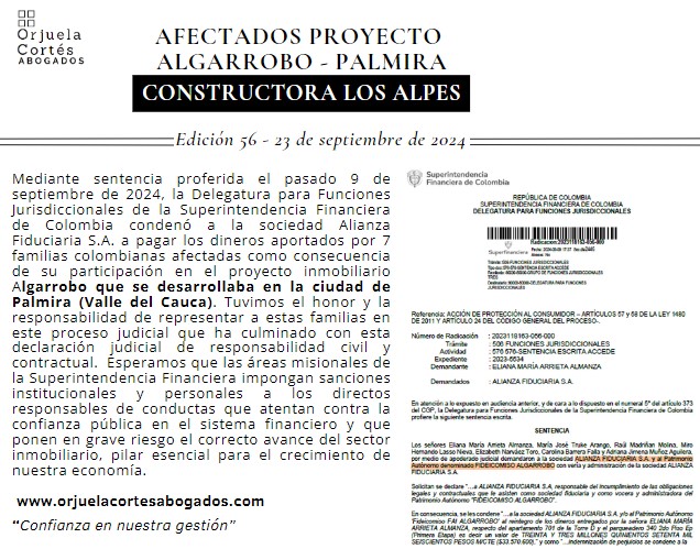 Superfinanciera confirma sentencia condenatoria                                             Afectados Proyecto Algarrobo – Palmira (Valle del Cauca)