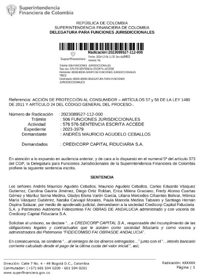 Fallo condenatorio Fiduciaria Credicorp Capital S.A. – Proyecto Andalucia