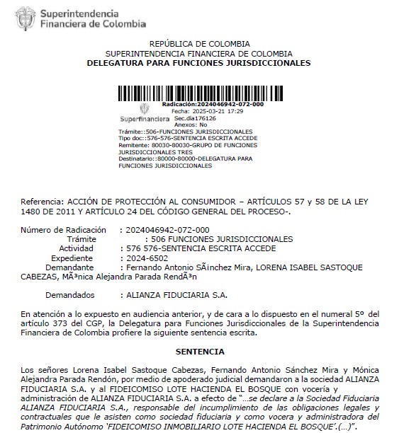 Fallo condenatorio contra Alianza Fiduciaria – Proy. Hacienda el Bosque Ibagué